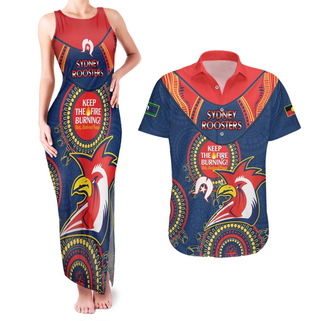 Custom NRL Roosters NAIDOC Week Couples Matching Tank Maxi Dress and Hawaiian Shirt Keep The Fire Burning Indigenous Art