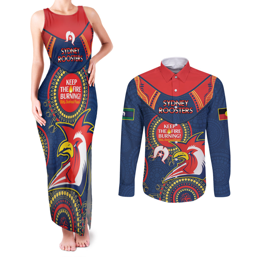 Custom NRL Roosters NAIDOC Week Couples Matching Tank Maxi Dress and Long Sleeve Button Shirt Keep The Fire Burning Indigenous Art