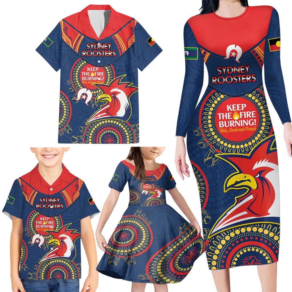 Custom NRL Roosters NAIDOC Week Family Matching Long Sleeve Bodycon Dress and Hawaiian Shirt Keep The Fire Burning Indigenous Art