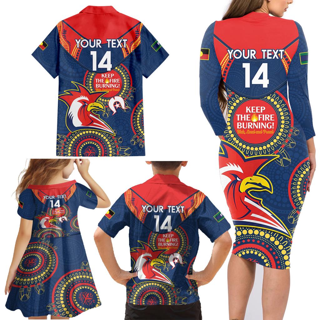 Custom NRL Roosters NAIDOC Week Family Matching Long Sleeve Bodycon Dress and Hawaiian Shirt Keep The Fire Burning Indigenous Art