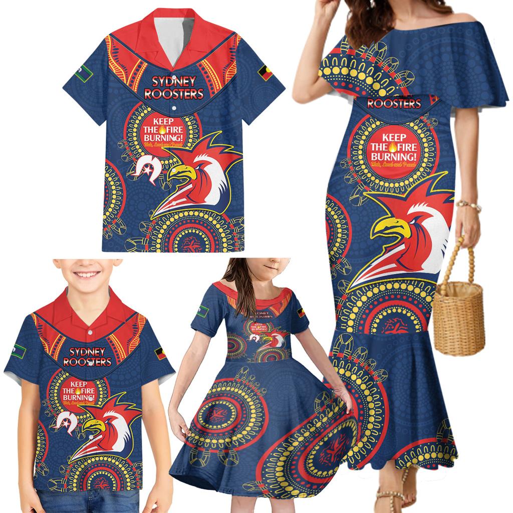 Custom NRL Roosters NAIDOC Week Family Matching Mermaid Dress and Hawaiian Shirt Keep The Fire Burning Indigenous Art