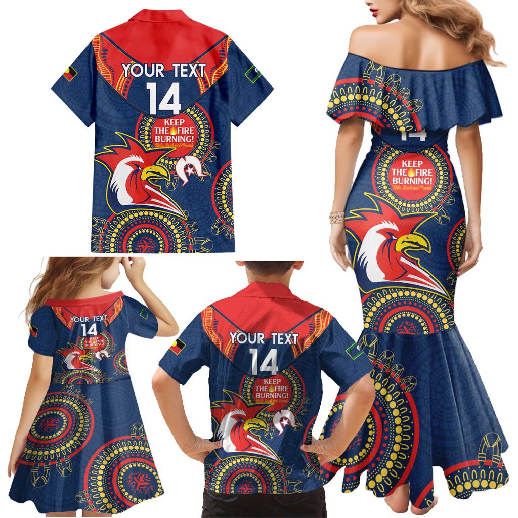 Custom NRL Roosters NAIDOC Week Family Matching Mermaid Dress and Hawaiian Shirt Keep The Fire Burning Indigenous Art