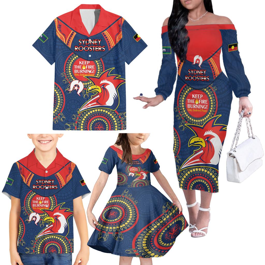 Custom NRL Roosters NAIDOC Week Family Matching Off The Shoulder Long Sleeve Dress and Hawaiian Shirt Keep The Fire Burning Indigenous Art