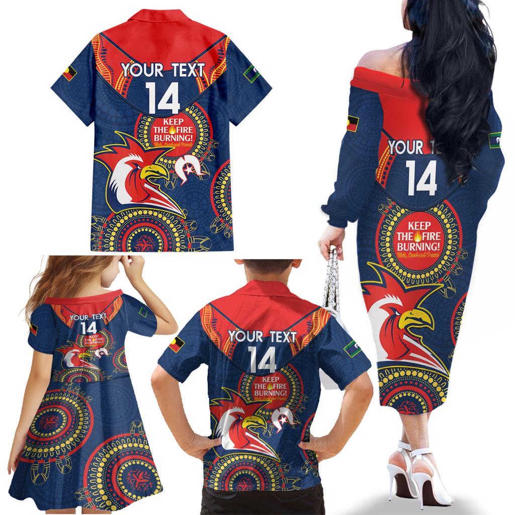 Custom NRL Roosters NAIDOC Week Family Matching Off The Shoulder Long Sleeve Dress and Hawaiian Shirt Keep The Fire Burning Indigenous Art