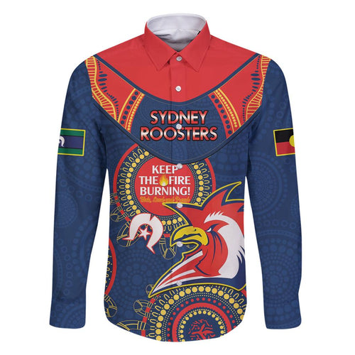 Custom NRL Roosters NAIDOC Week Family Matching Off The Shoulder Long Sleeve Dress and Hawaiian Shirt Keep The Fire Burning Indigenous Art