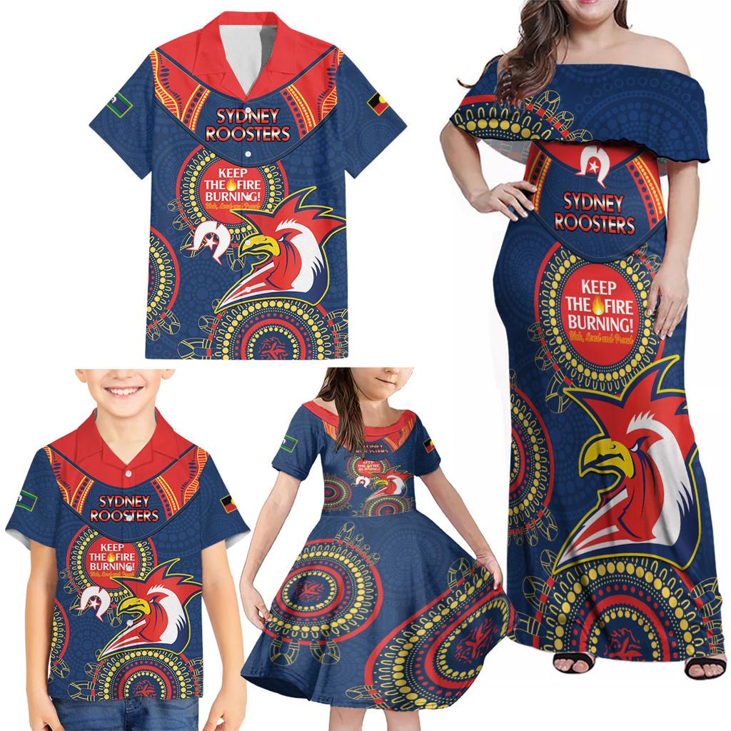 Custom NRL Roosters NAIDOC Week Family Matching Off Shoulder Maxi Dress and Hawaiian Shirt Keep The Fire Burning Indigenous Art