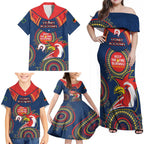 Custom NRL Roosters NAIDOC Week Family Matching Off Shoulder Maxi Dress and Hawaiian Shirt Keep The Fire Burning Indigenous Art