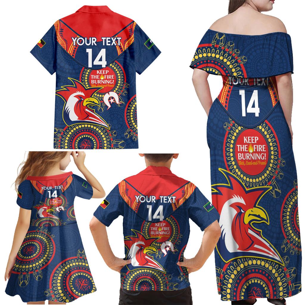 Custom NRL Roosters NAIDOC Week Family Matching Off Shoulder Maxi Dress and Hawaiian Shirt Keep The Fire Burning Indigenous Art