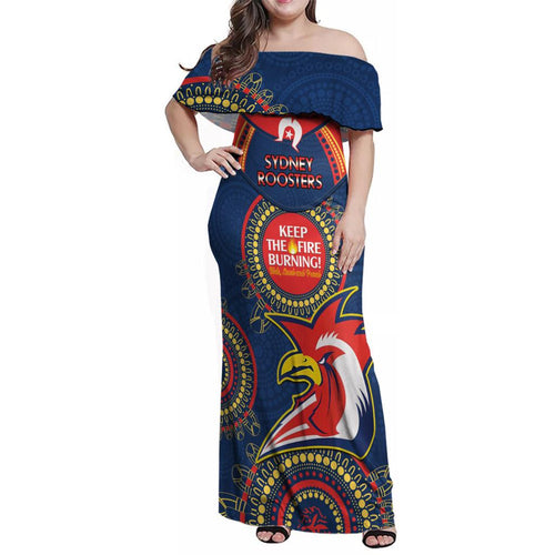 Custom NRL Roosters NAIDOC Week Family Matching Off Shoulder Maxi Dress and Hawaiian Shirt Keep The Fire Burning Indigenous Art
