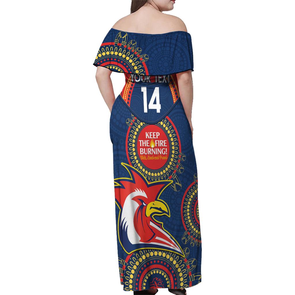 Custom NRL Roosters NAIDOC Week Family Matching Off Shoulder Maxi Dress and Hawaiian Shirt Keep The Fire Burning Indigenous Art