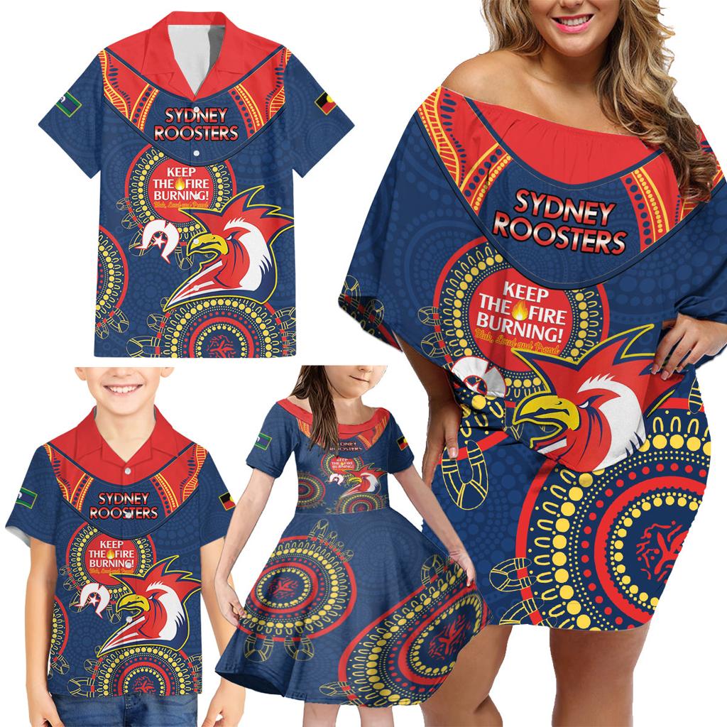 Custom NRL Roosters NAIDOC Week Family Matching Off Shoulder Short Dress and Hawaiian Shirt Keep The Fire Burning Indigenous Art