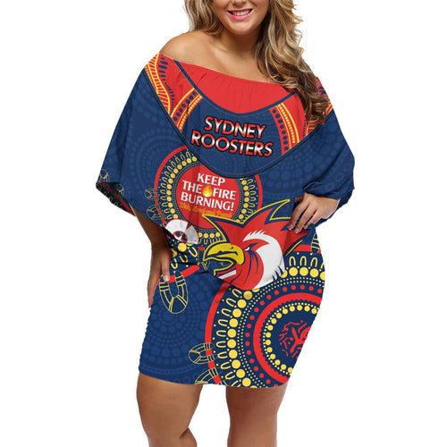 Custom NRL Roosters NAIDOC Week Family Matching Off Shoulder Short Dress and Hawaiian Shirt Keep The Fire Burning Indigenous Art