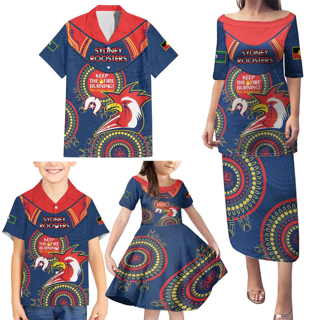 Custom NRL Roosters NAIDOC Week Family Matching Puletasi and Hawaiian Shirt Keep The Fire Burning Indigenous Art