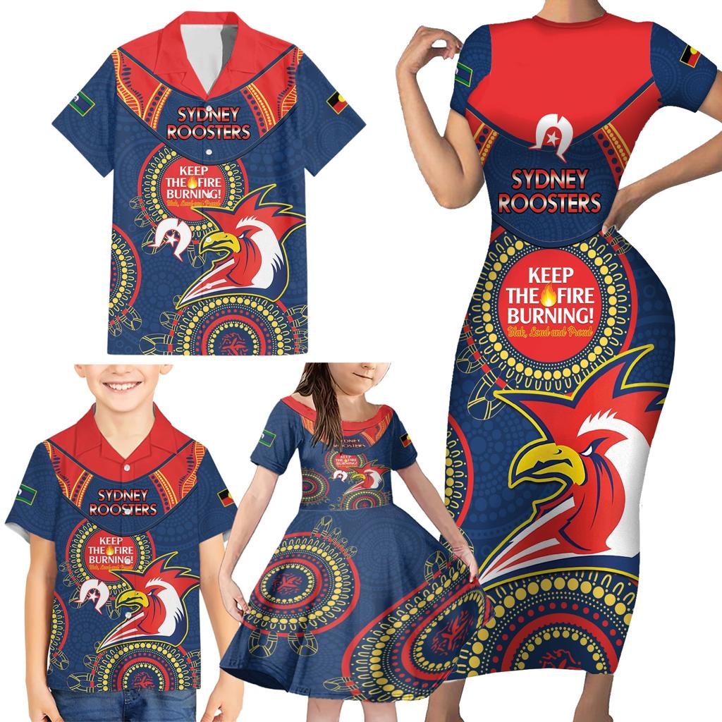 Custom NRL Roosters NAIDOC Week Family Matching Short Sleeve Bodycon Dress and Hawaiian Shirt Keep The Fire Burning Indigenous Art