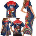 Custom NRL Roosters NAIDOC Week Family Matching Short Sleeve Bodycon Dress and Hawaiian Shirt Keep The Fire Burning Indigenous Art