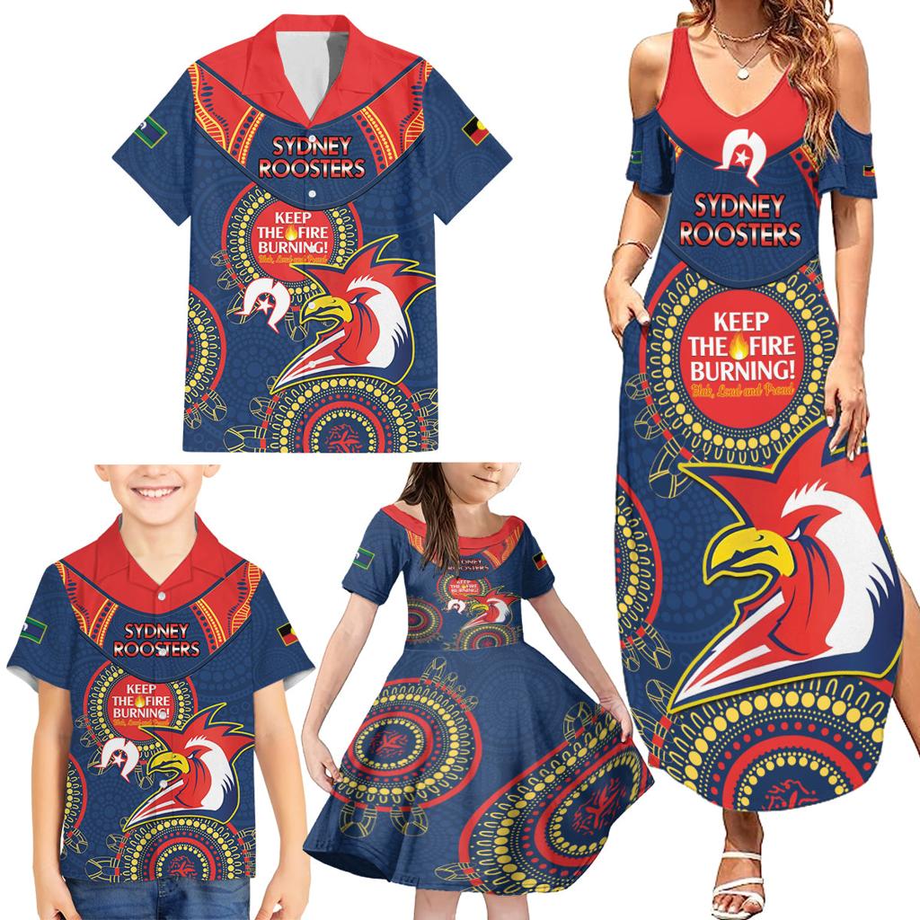 Custom NRL Roosters NAIDOC Week Family Matching Summer Maxi Dress and Hawaiian Shirt Keep The Fire Burning Indigenous Art