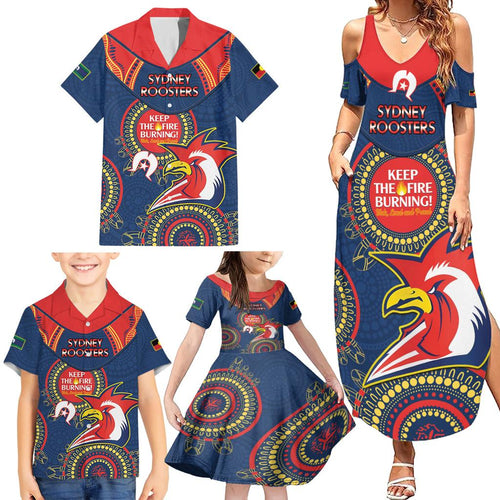 Custom NRL Roosters NAIDOC Week Family Matching Summer Maxi Dress and Hawaiian Shirt Keep The Fire Burning Indigenous Art