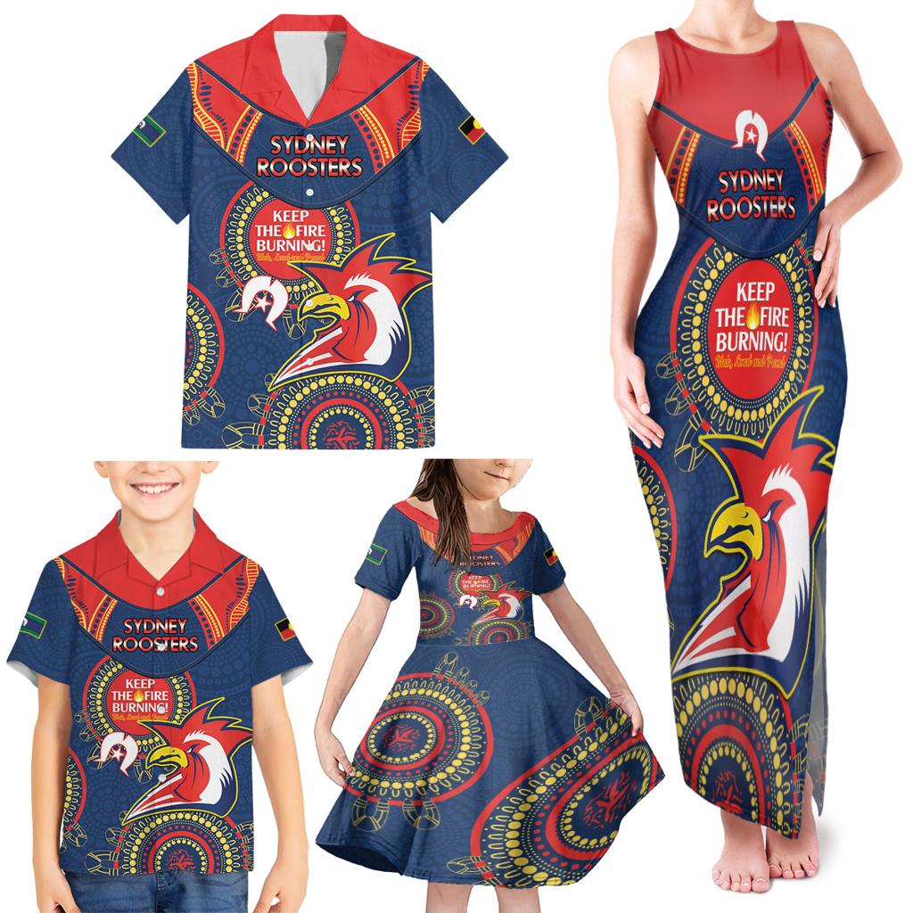 Custom NRL Roosters NAIDOC Week Family Matching Tank Maxi Dress and Hawaiian Shirt Keep The Fire Burning Indigenous Art