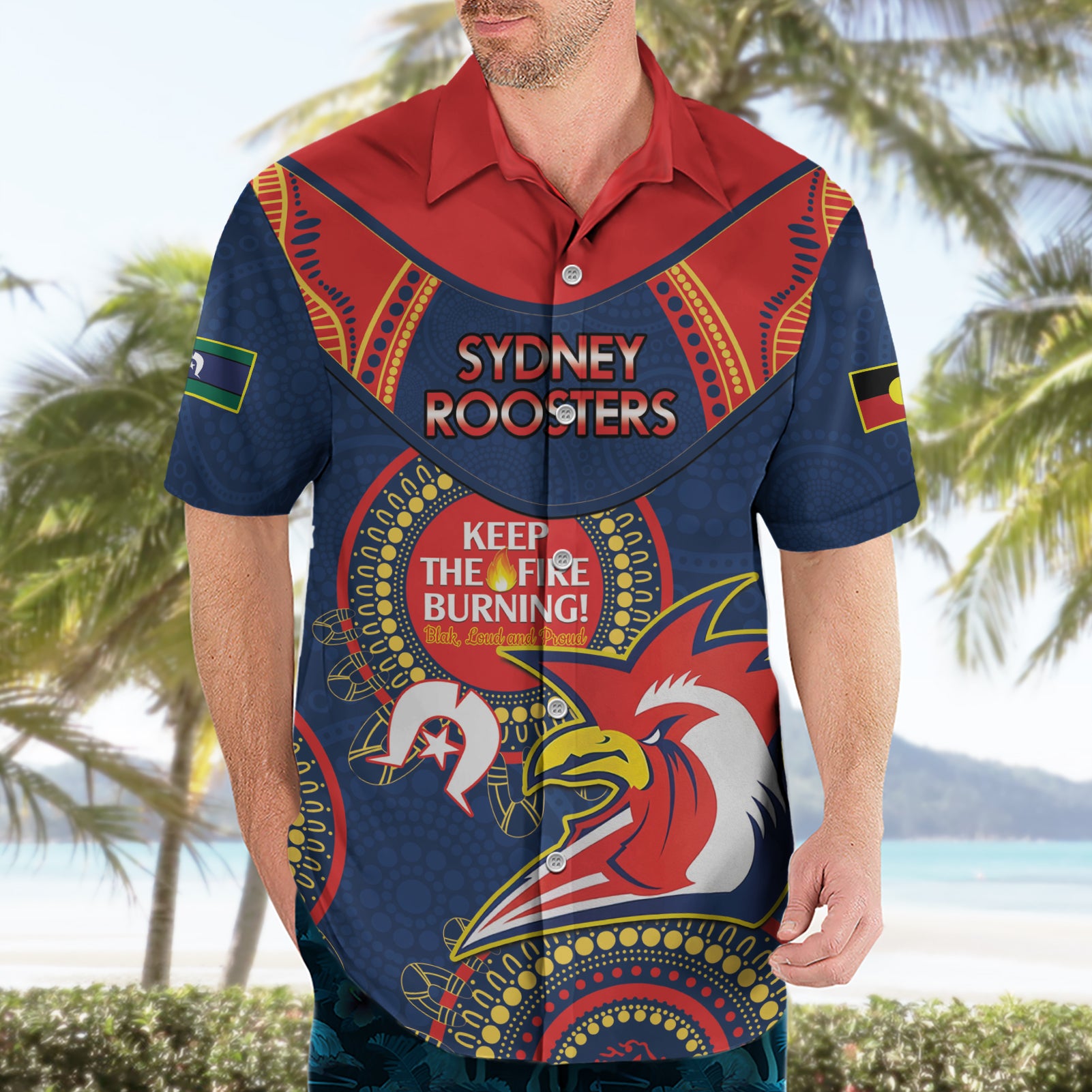 Custom NRL Roosters NAIDOC Week Hawaiian Shirt Keep The Fire Burning Indigenous Art