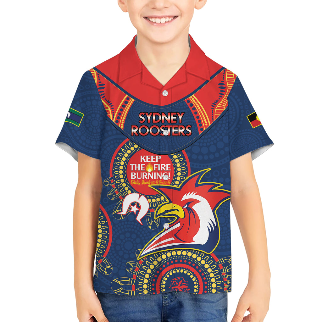 Custom NRL Roosters NAIDOC Week Kid Hawaiian Shirt Keep The Fire Burning Indigenous Art