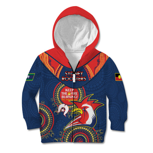 Custom NRL Roosters NAIDOC Week Kid Hoodie Keep The Fire Burning Indigenous Art