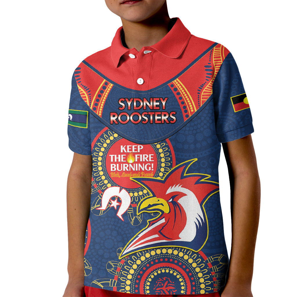 Custom NRL Roosters NAIDOC Week Kid Polo Shirt Keep The Fire Burning Indigenous Art