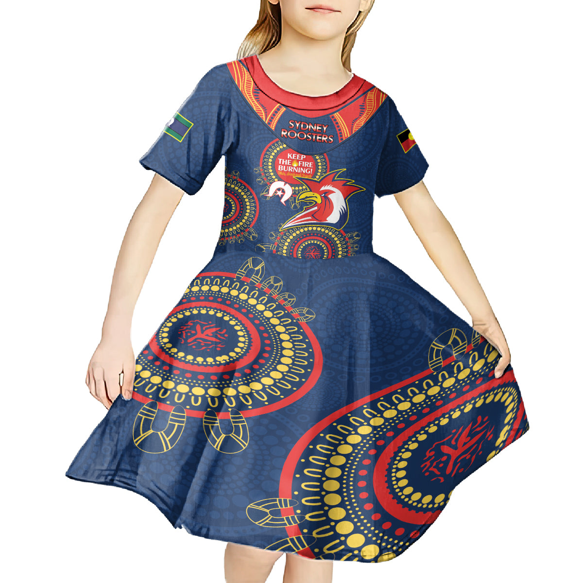 Custom NRL Roosters NAIDOC Week Kid Short Sleeve Dress Keep The Fire Burning Indigenous Art