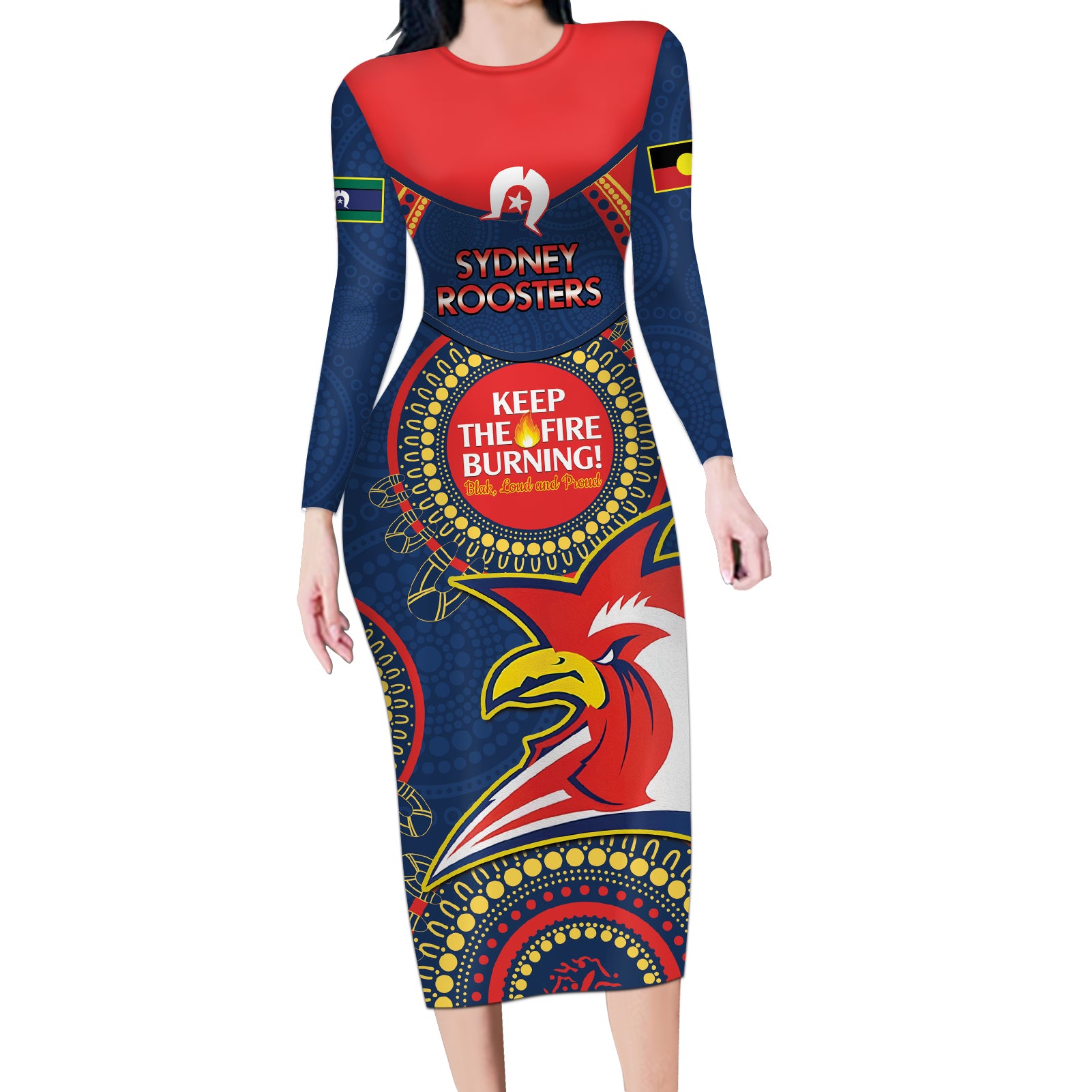 Custom NRL Roosters NAIDOC Week Long Sleeve Bodycon Dress Keep The Fire Burning Indigenous Art