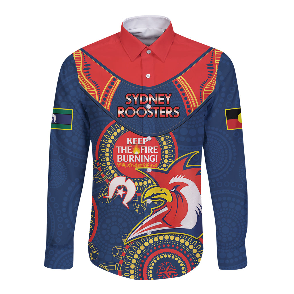 Custom NRL Roosters NAIDOC Week Long Sleeve Button Shirt Keep The Fire Burning Indigenous Art