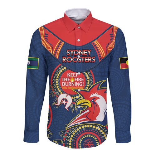 Custom NRL Roosters NAIDOC Week Long Sleeve Button Shirt Keep The Fire Burning Indigenous Art
