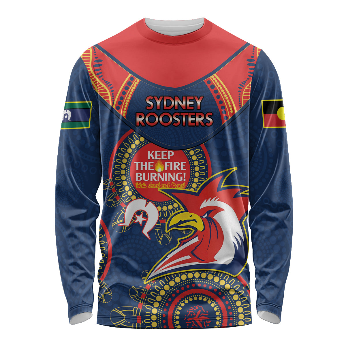 Custom NRL Roosters NAIDOC Week Long Sleeve Shirt Keep The Fire Burning Indigenous Art