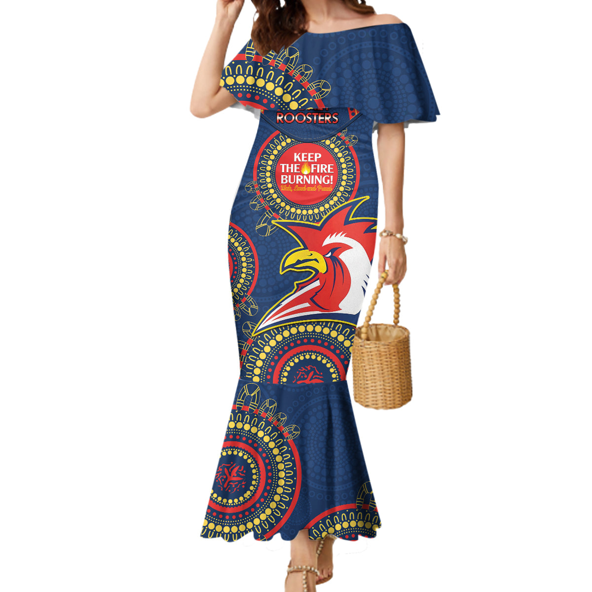 Custom NRL Roosters NAIDOC Week Mermaid Dress Keep The Fire Burning Indigenous Art