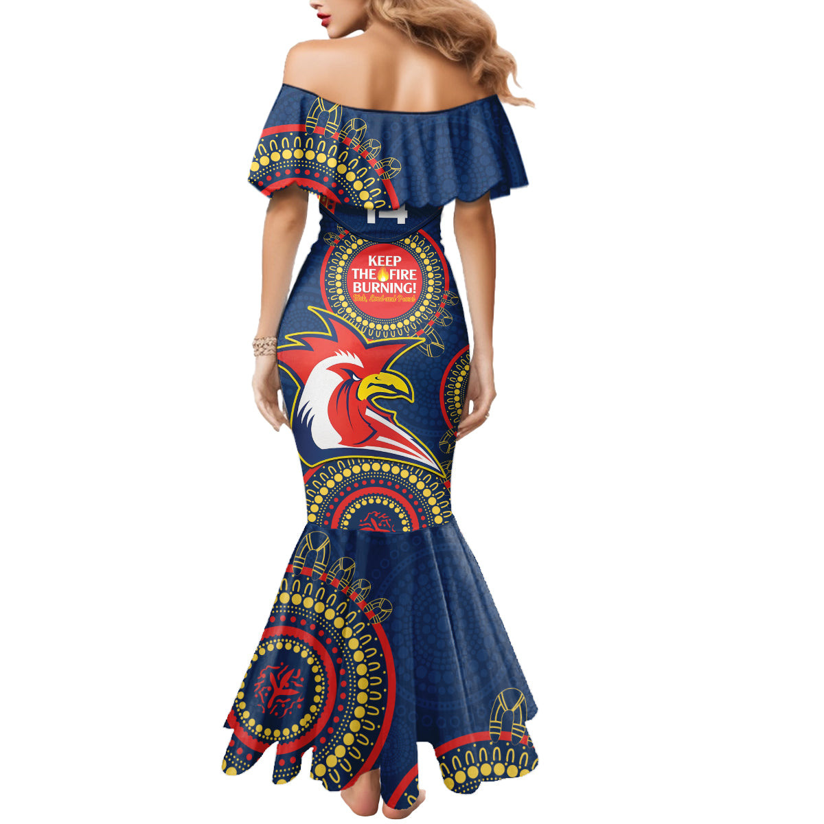 Custom NRL Roosters NAIDOC Week Mermaid Dress Keep The Fire Burning Indigenous Art