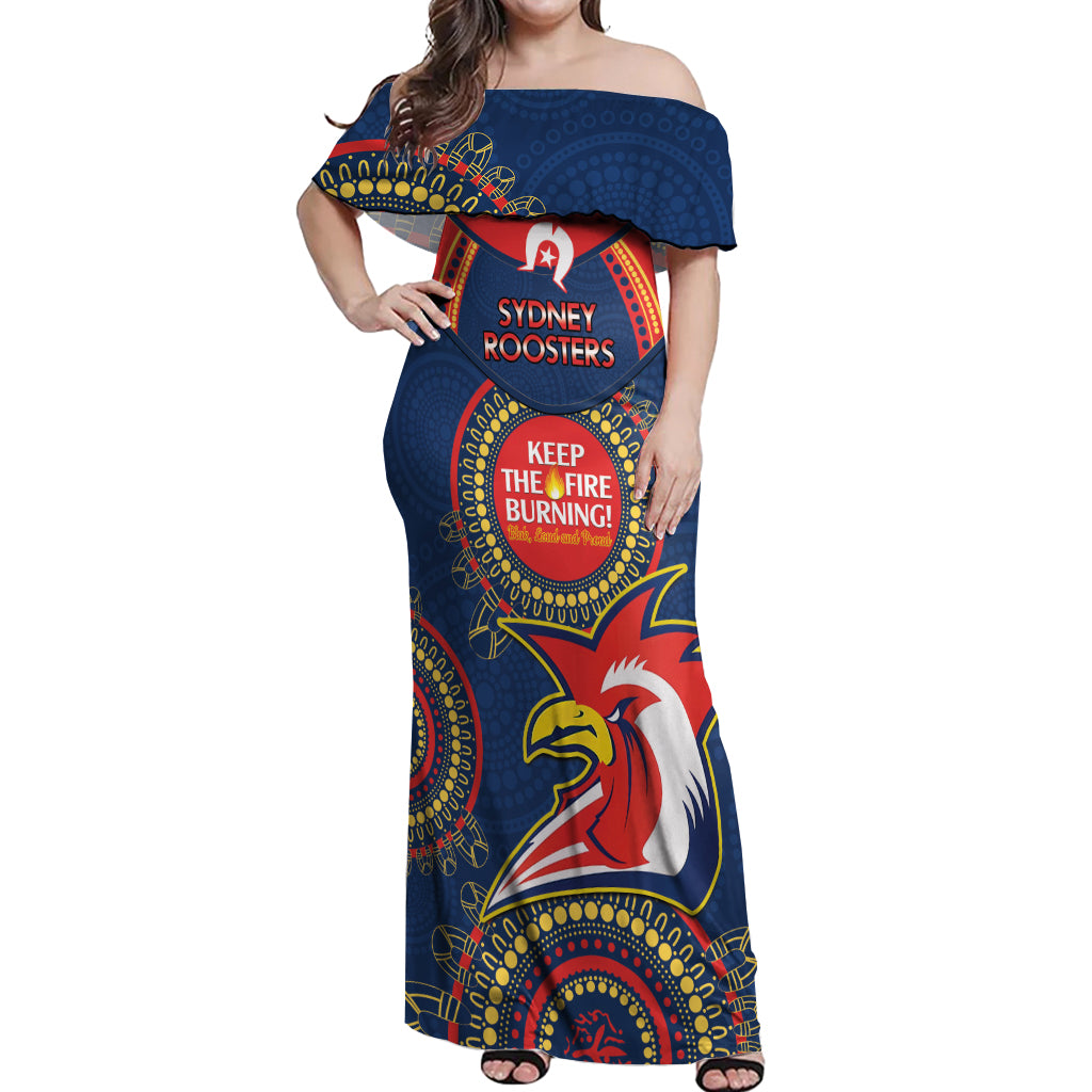 Custom NRL Roosters NAIDOC Week Off Shoulder Maxi Dress Keep The Fire Burning Indigenous Art