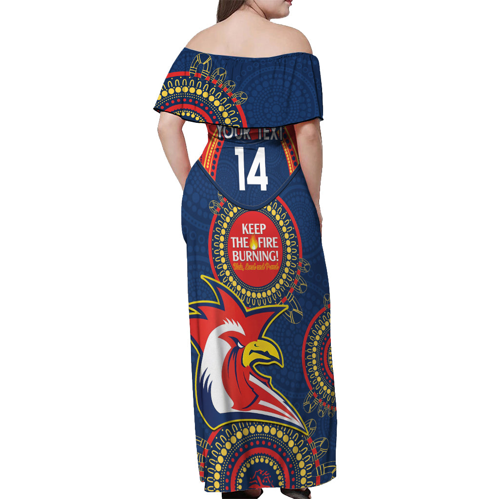 Custom NRL Roosters NAIDOC Week Off Shoulder Maxi Dress Keep The Fire Burning Indigenous Art