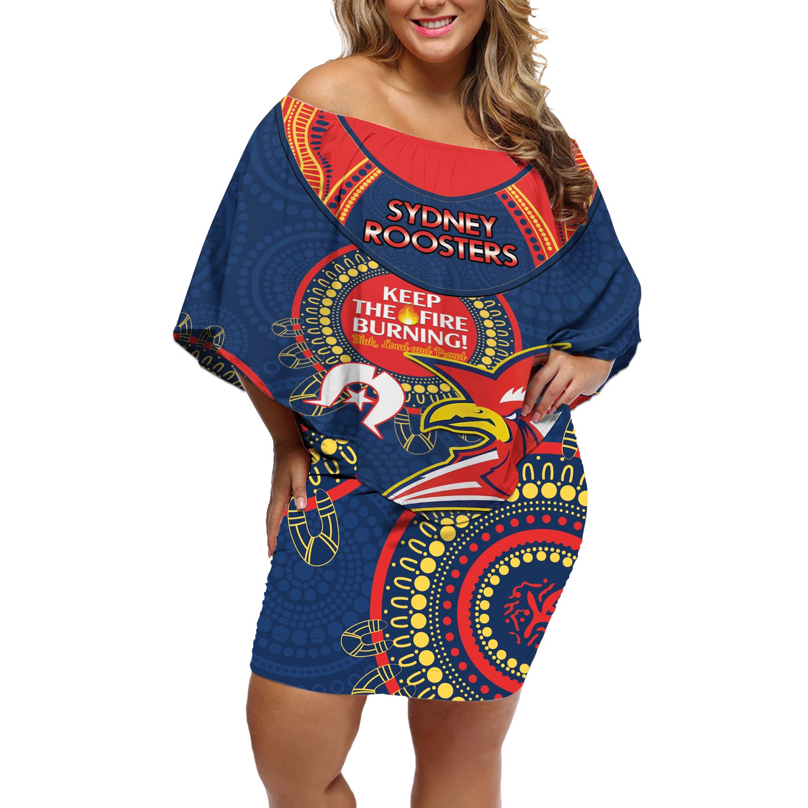 Custom NRL Roosters NAIDOC Week Off Shoulder Short Dress Keep The Fire Burning Indigenous Art