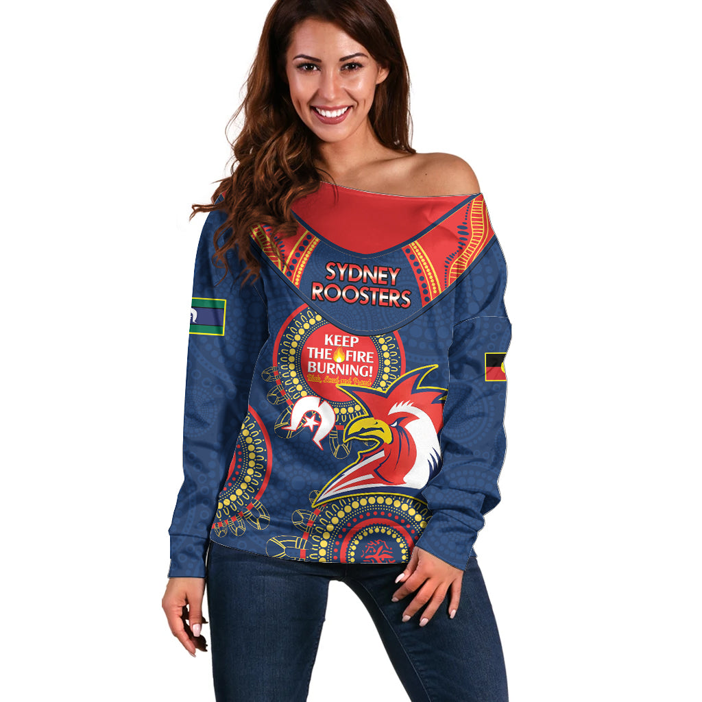 Custom NRL Roosters NAIDOC Week Off Shoulder Sweater Keep The Fire Burning Indigenous Art