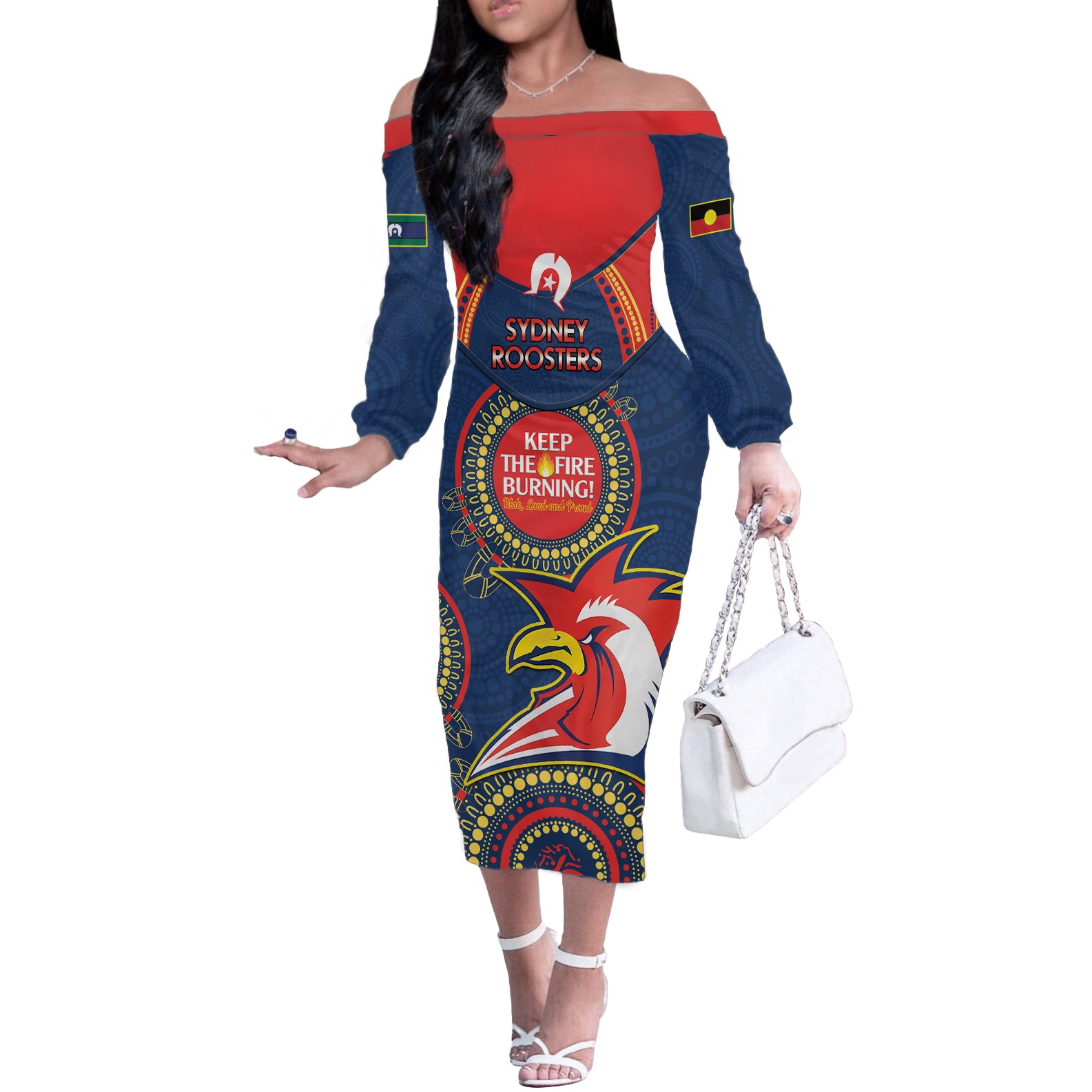 Custom NRL Roosters NAIDOC Week Off The Shoulder Long Sleeve Dress Keep The Fire Burning Indigenous Art