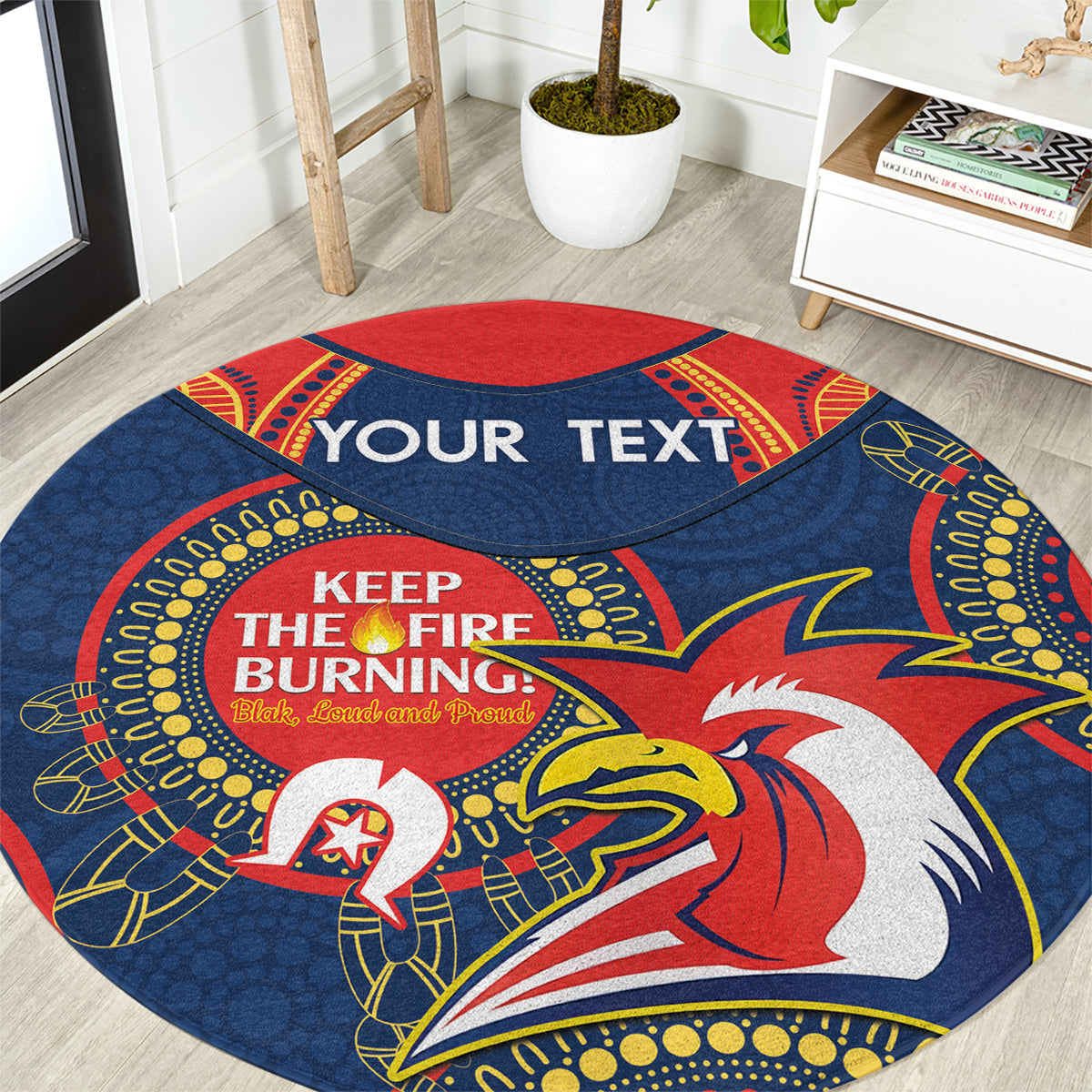 Custom NRL Roosters NAIDOC Week Round Carpet Keep The Fire Burning Indigenous Art