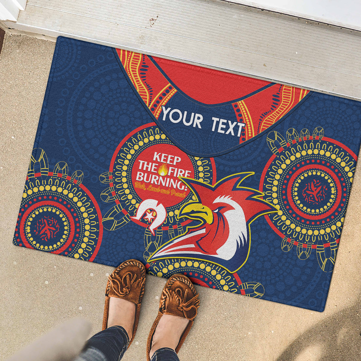 Custom NRL Roosters NAIDOC Week Rubber Doormat Keep The Fire Burning Indigenous Art