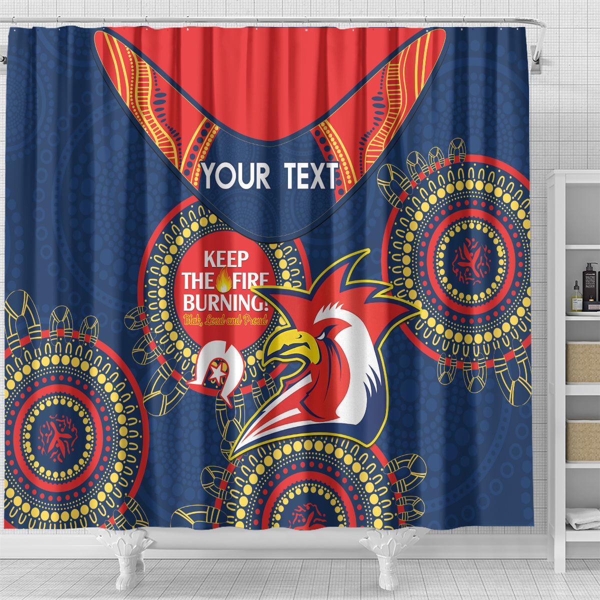 Custom NRL Roosters NAIDOC Week Shower Curtain Keep The Fire Burning Indigenous Art