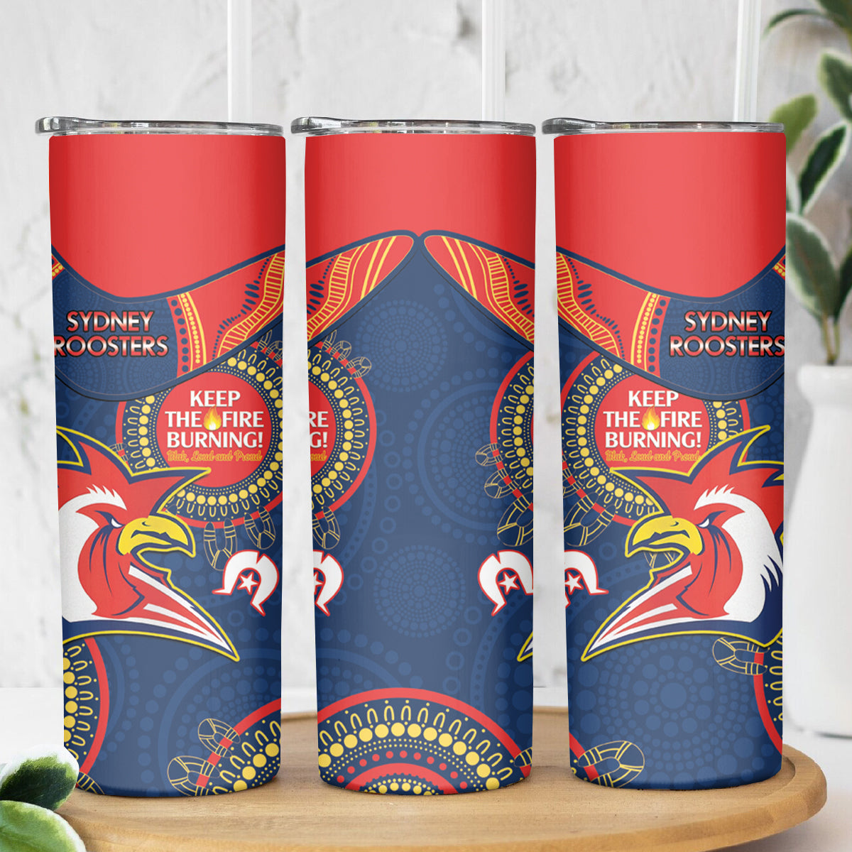 NRL Roosters NAIDOC Week Skinny Tumbler Keep The Fire Burning Indigenous Art