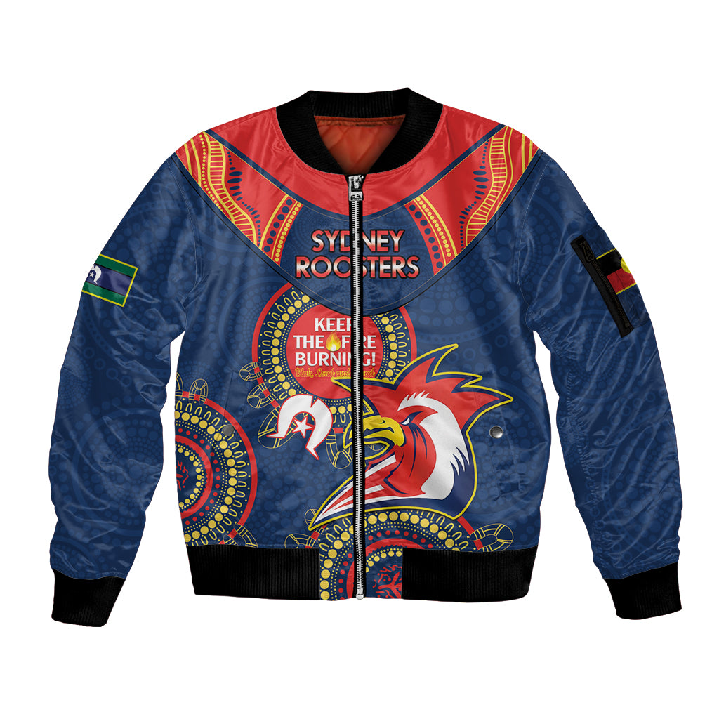 Custom NRL Roosters NAIDOC Week Sleeve Zip Bomber Jacket Keep The Fire Burning Indigenous Art