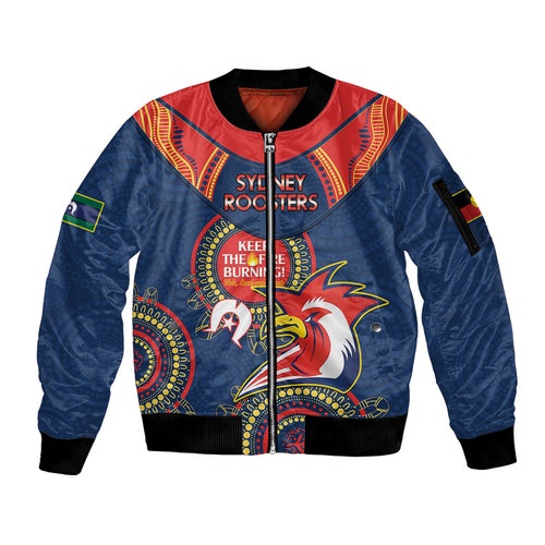 Custom NRL Roosters NAIDOC Week Sleeve Zip Bomber Jacket Keep The Fire Burning Indigenous Art