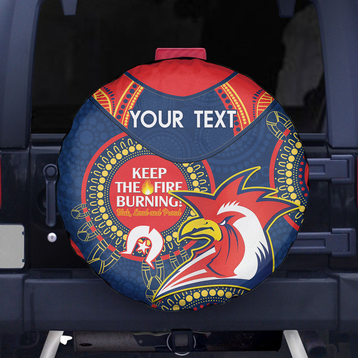Custom NRL Roosters NAIDOC Week Spare Tire Cover Keep The Fire Burning Indigenous Art