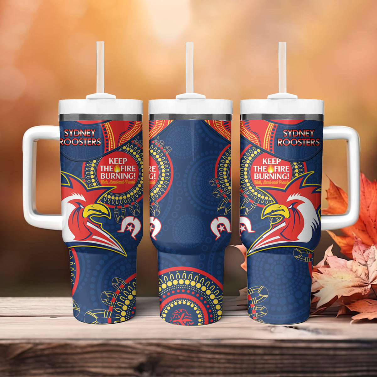 NRL Roosters NAIDOC Week Tumbler With Handle Keep The Fire Burning Indigenous Art