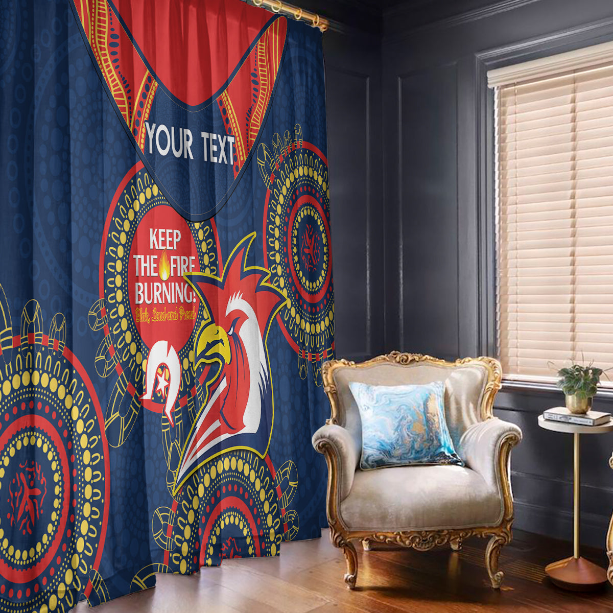 Custom NRL Roosters NAIDOC Week Window Curtain Keep The Fire Burning Indigenous Art