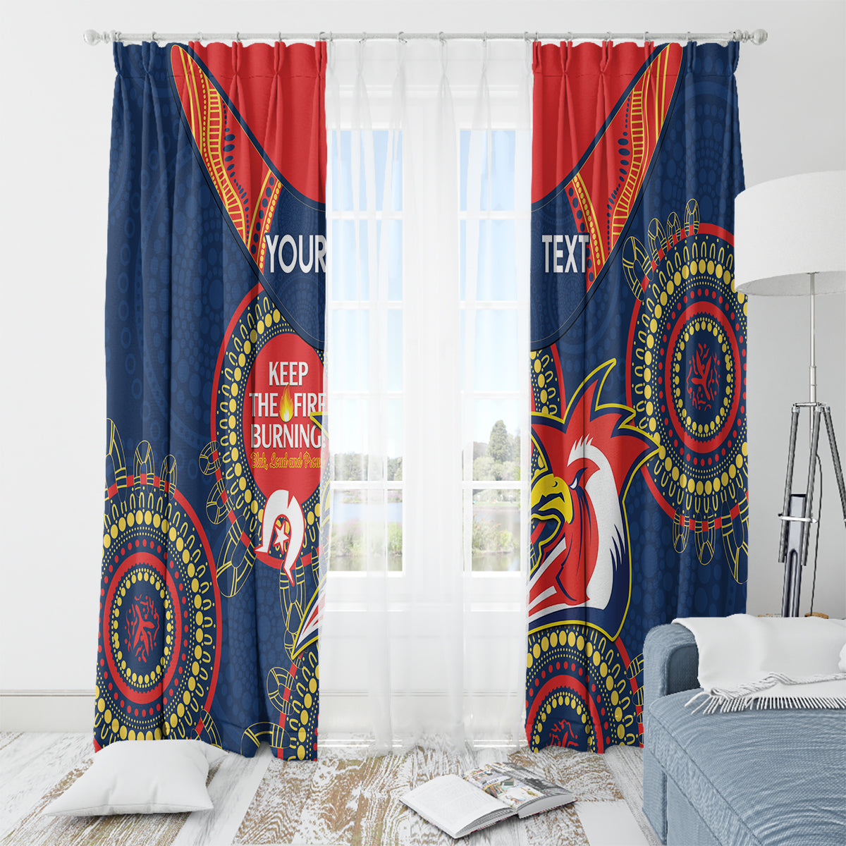 Custom NRL Roosters NAIDOC Week Window Curtain Keep The Fire Burning Indigenous Art