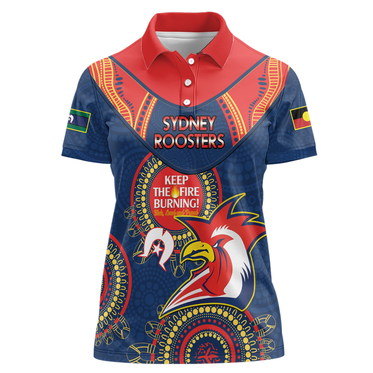 Custom NRL Roosters NAIDOC Week Women Polo Shirt Keep The Fire Burning Indigenous Art