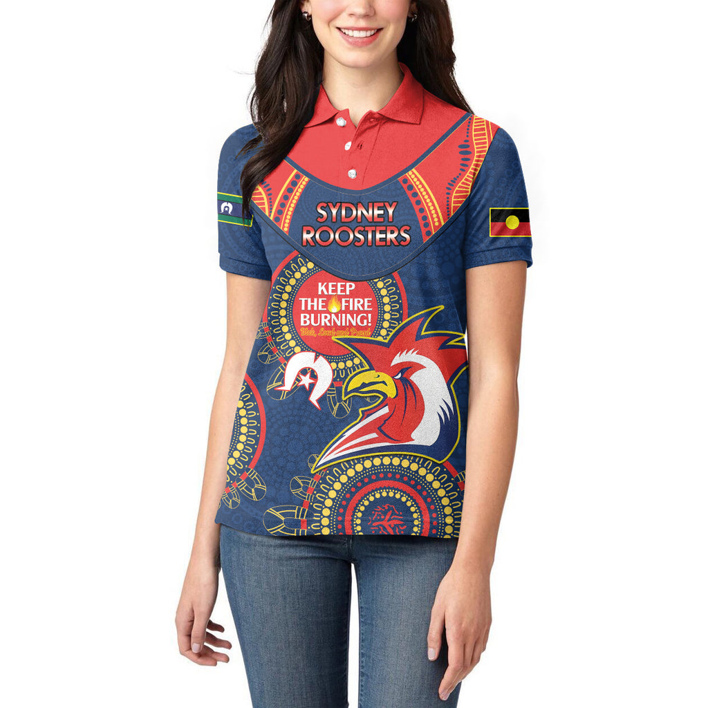 Custom NRL Roosters NAIDOC Week Women Polo Shirt Keep The Fire Burning Indigenous Art